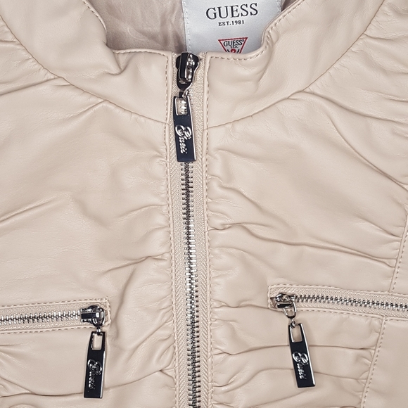 Guess Jacket XL Light Weight Fitted Faux Leather Moto Bomber Rouched Zipper - Picture 3 of 6
